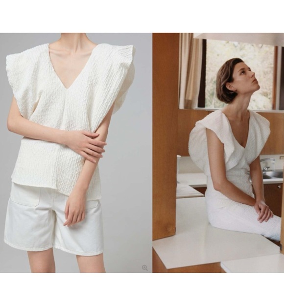 CO Avery Linen Crepe Pleated Cap Sleeve Textured Jacquard V Neck Blouse Top NEW - Picture 9 of 16